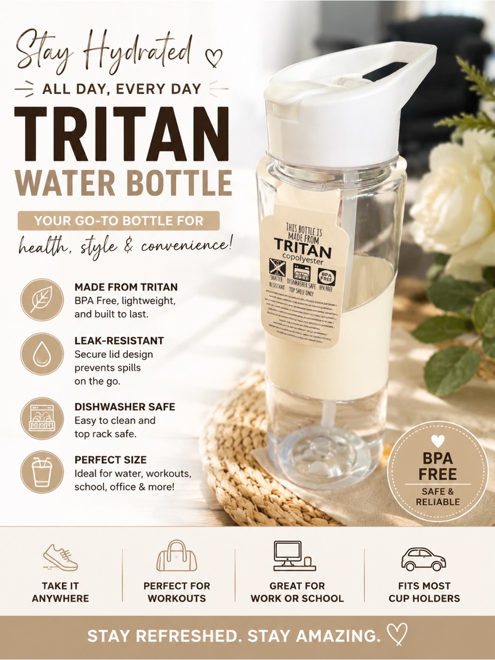 🩷 8096. Tritan Water Bottle - Clear with White Lid